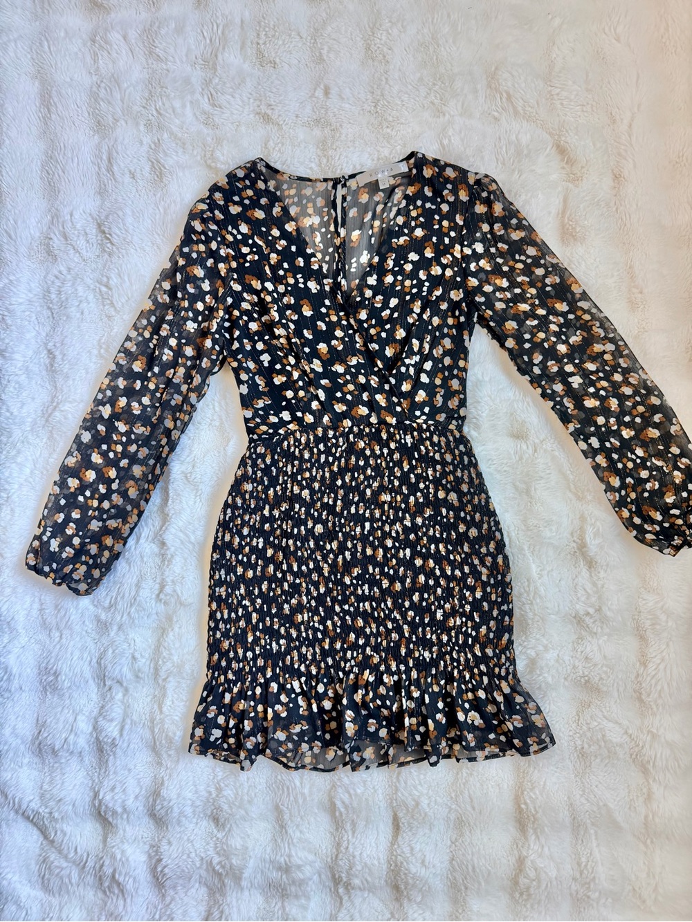 Black Floral Long-Sleeve Smocked Mini Dress